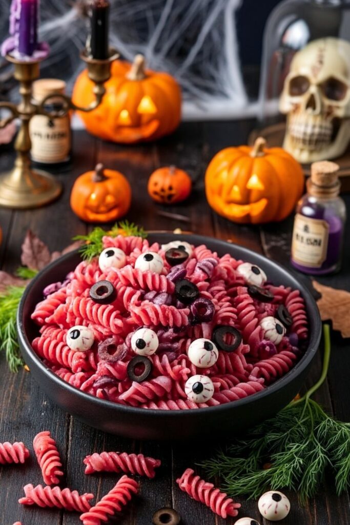 Pink spiral pasta salad mixed with pickled beets, mozzarella pearls, and black olives.