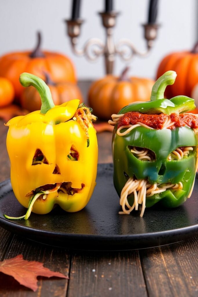 Carved bell peppers stuffed with tomato sauce pasta spilling out of eyes and mouth.