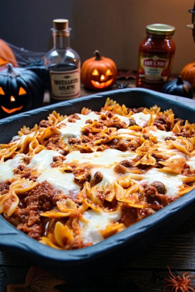 Cheesy baked bowtie pasta with ground beef sauce in a black casserole dish.