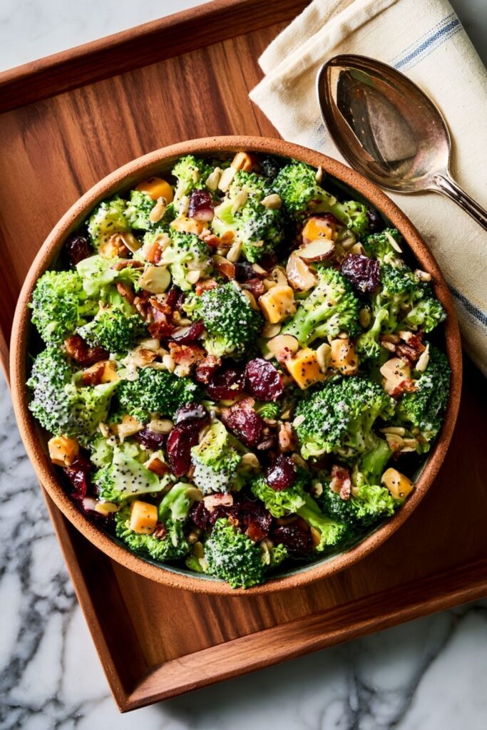 Fresh broccoli salad with cranberries, cheese, and sunflower seeds in a wooden bowl.