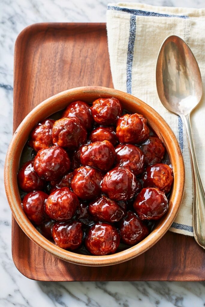 Glossy glazed meatballs in a ceramic bowl beside a spoon and napkin.