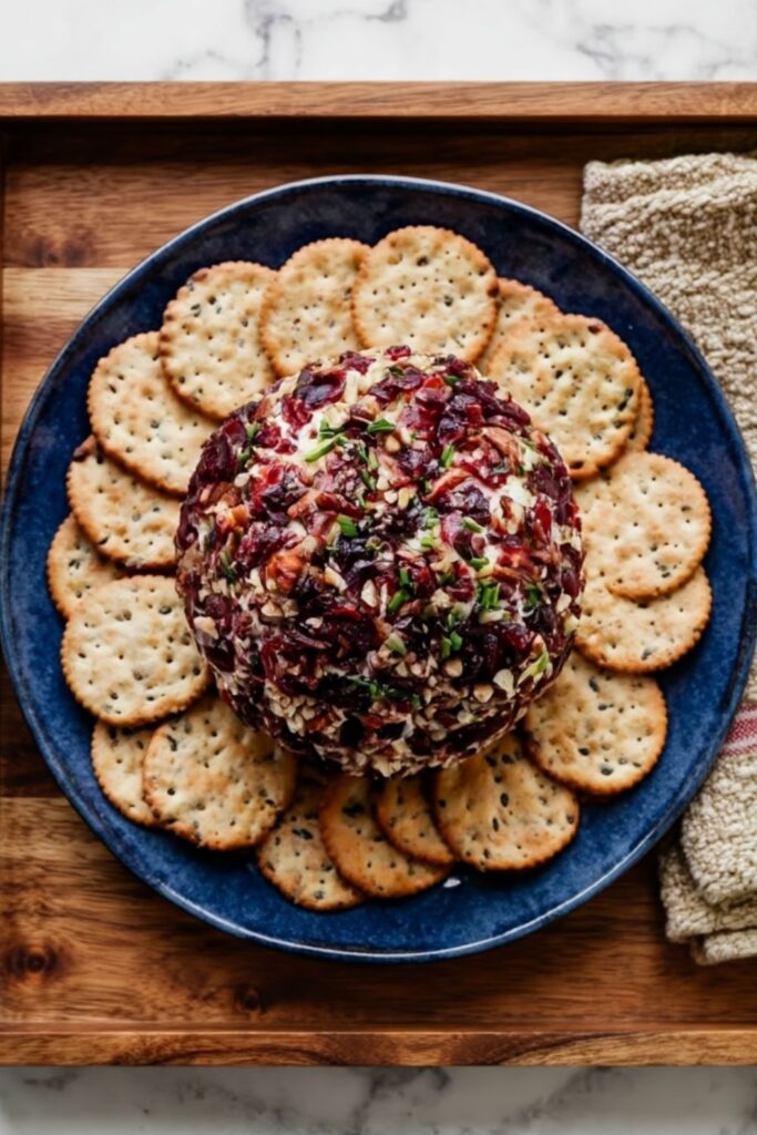 A ruby-encrusted cheese ball surrounded by crisp crackers on a blue ceramic plate.