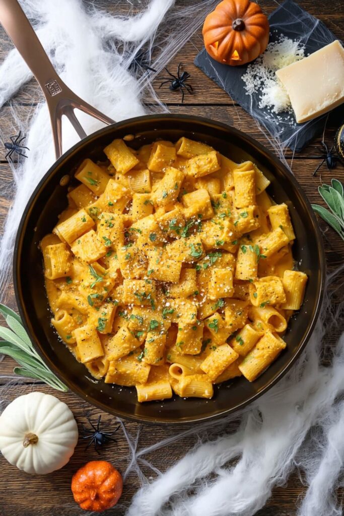 Rigatoni pasta coated in orange pumpkin sage sauce served in a black skillet.