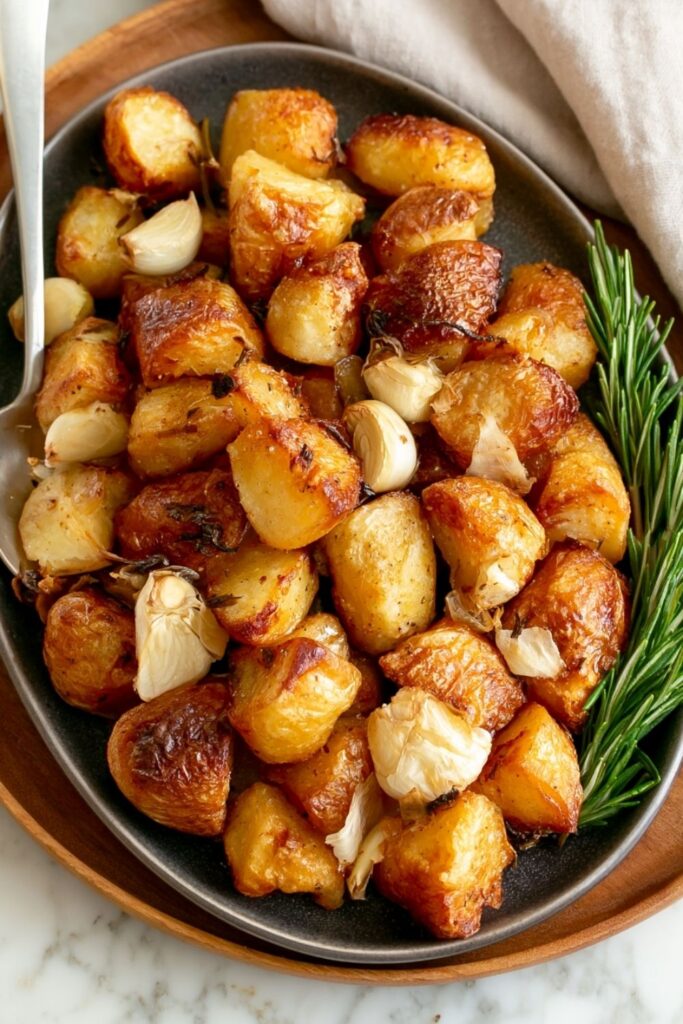 Golden roasted potato chunks with garlic cloves and fresh rosemary on a dark platter.