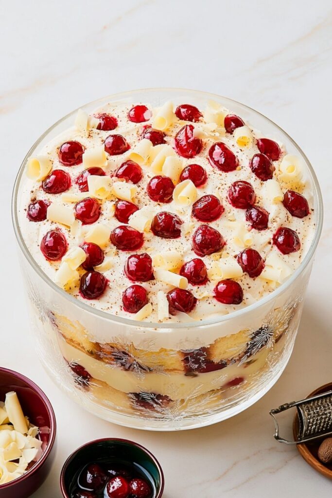 Layered eggnog trifle dessert topped with poached cranberries and white chocolate curls.
