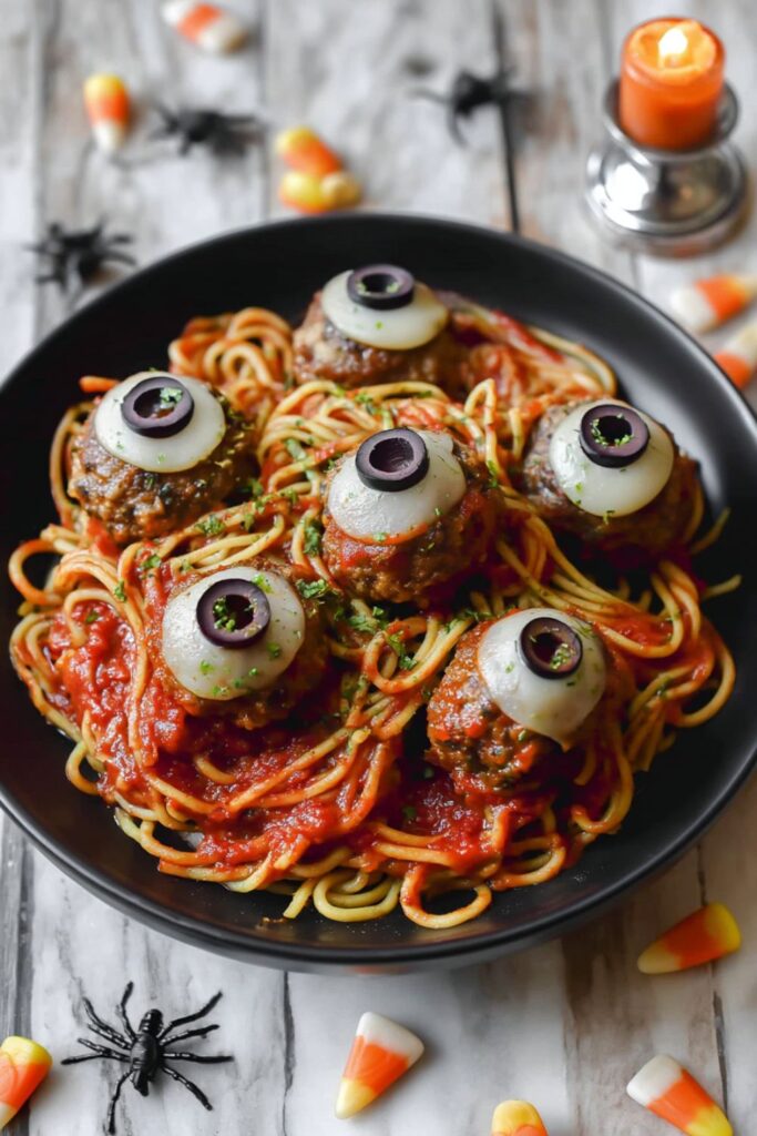 Spaghetti and meatballs topped with provolone cheese rounds and black olive pupils.