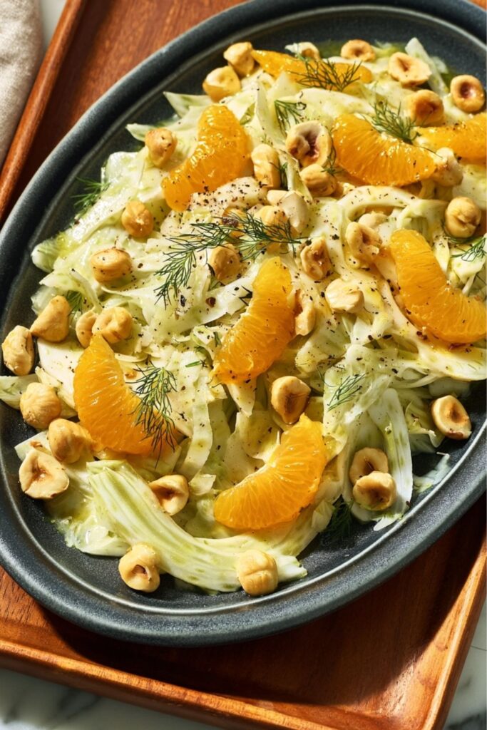 Sliced fennel, orange segments, and toasted hazelnuts tossed in a bright vinaigrette.