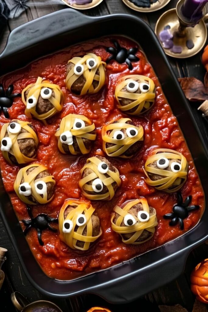 Fettuccine-wrapped meatballs in marinara sauce topped with ricotta and olive eyes.