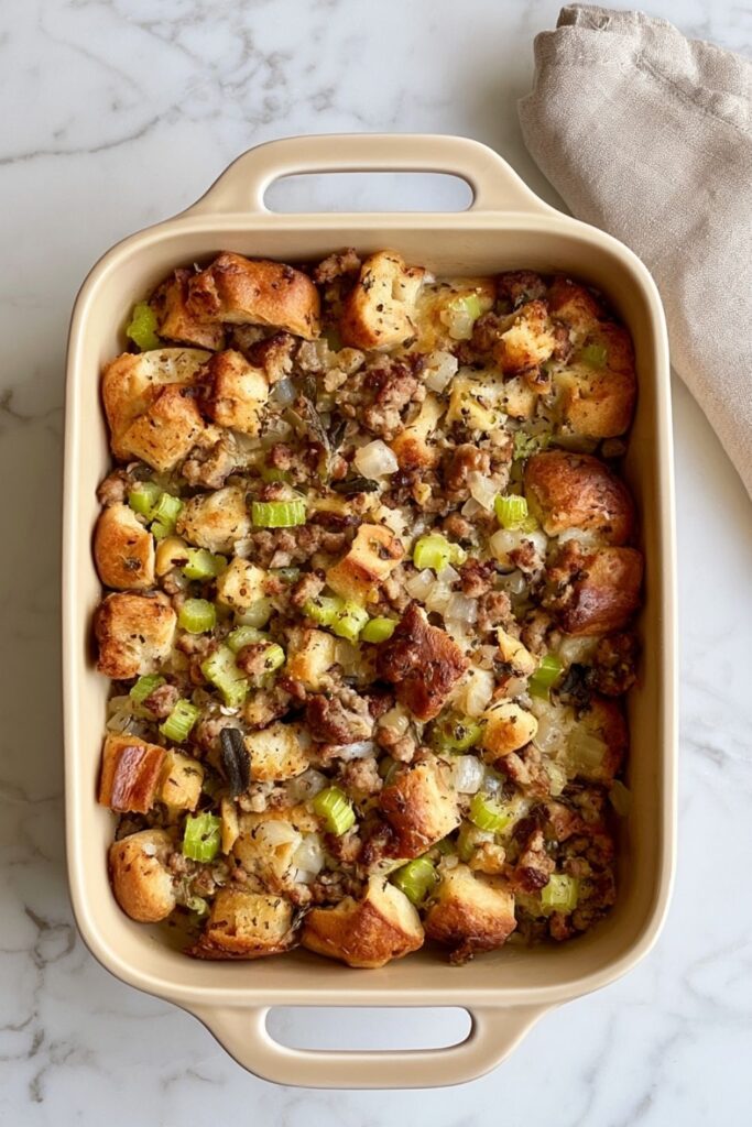 Baked focaccia bread cubes tossed with Italian sausage, celery, onions, and fresh sage.