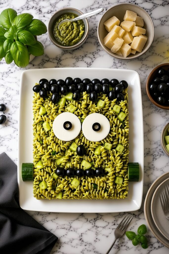Green pesto pasta shaped like Frankenstein with mozzarella eyes, olive hair, and cucumber neck bolts.