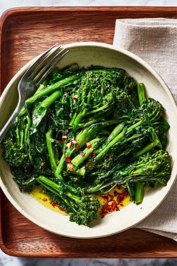 Sautéed broccoli rabe with garlic and red pepper flakes in a bowl.