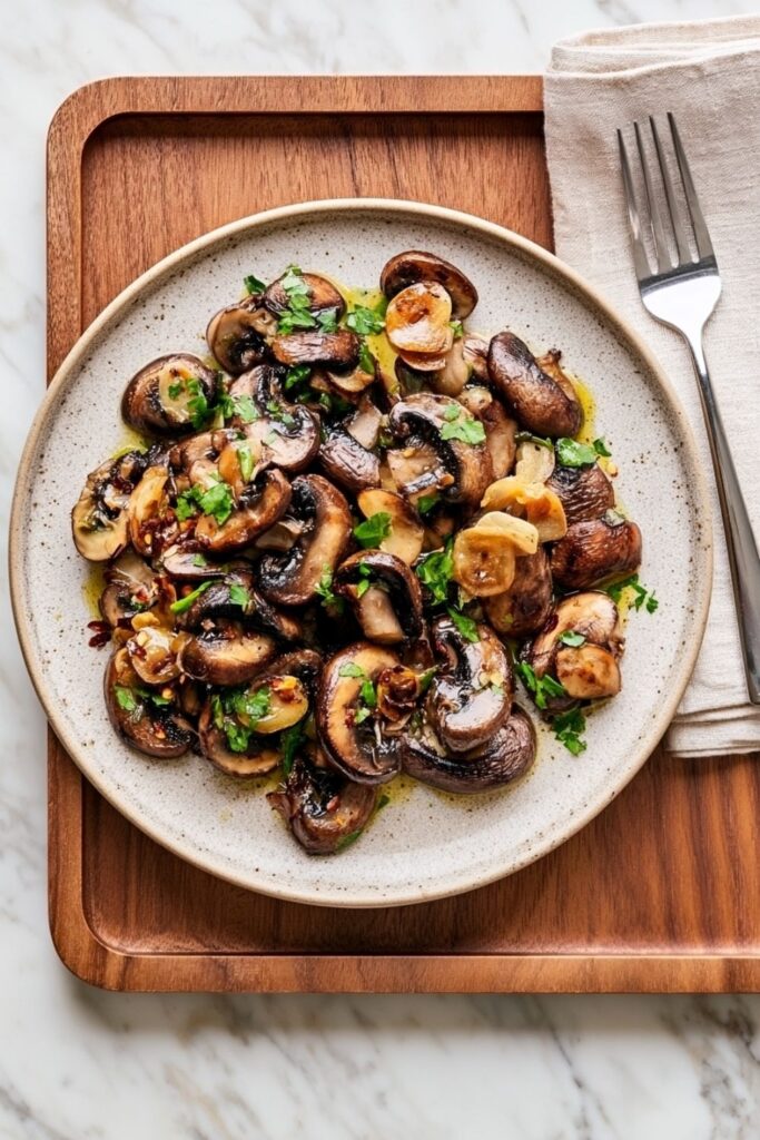 Sliced brown mushrooms tossed with garlic, chili flakes, and fresh parsley on a plate.