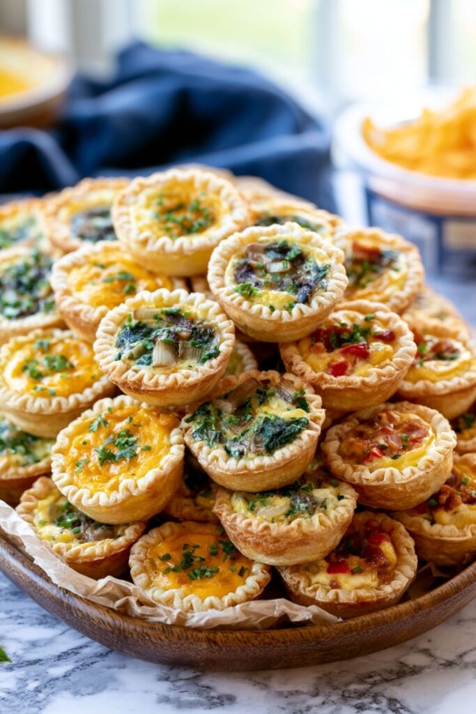 Stacked mini quiches filled with eggs and cheese on a wooden tray.