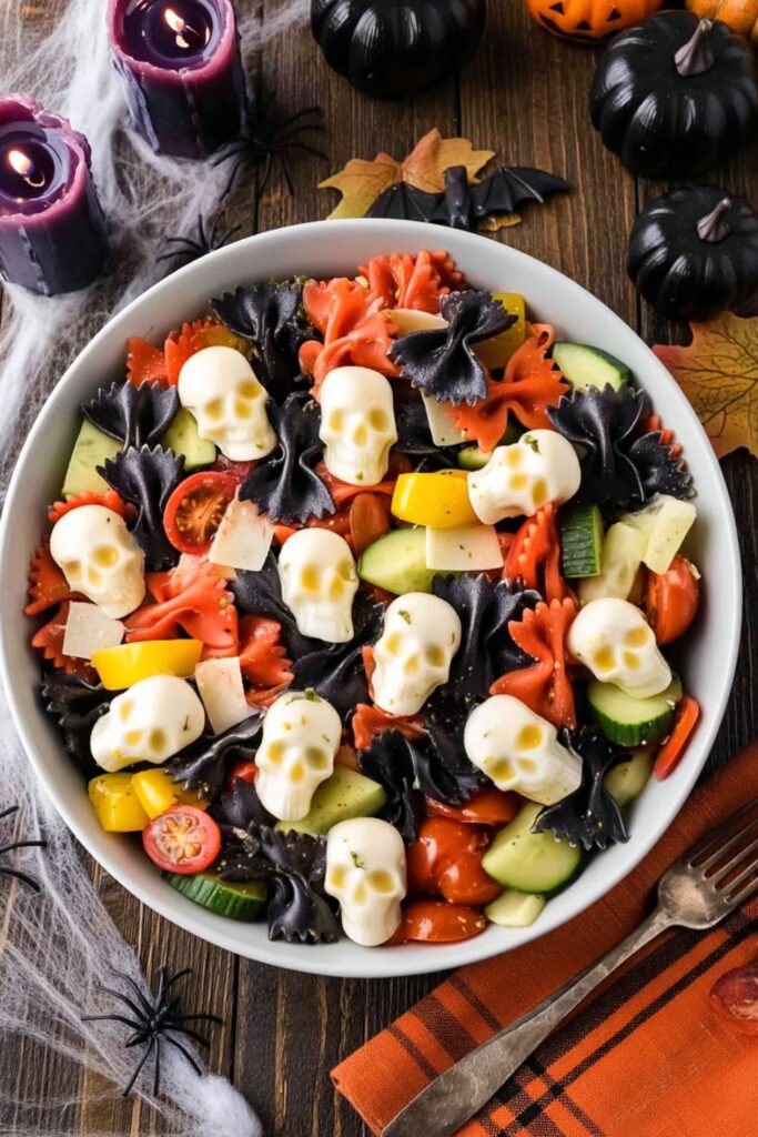 Dyed orange and black bowtie pasta salad topped with molded mozzarella skulls.