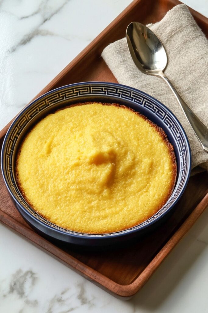 Smooth golden baked polenta in a patterned bowl served with a spoon.