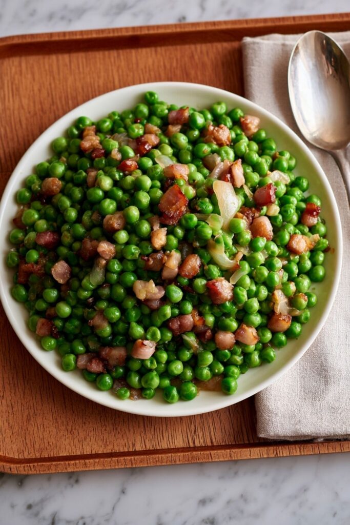 Bright green peas tossed with crispy diced pancetta and sauteed shallots in a bowl.
