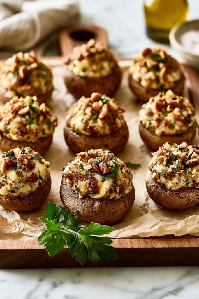 Golden baked mushrooms stuffed with a creamy cheese and pecan topping on parchment.