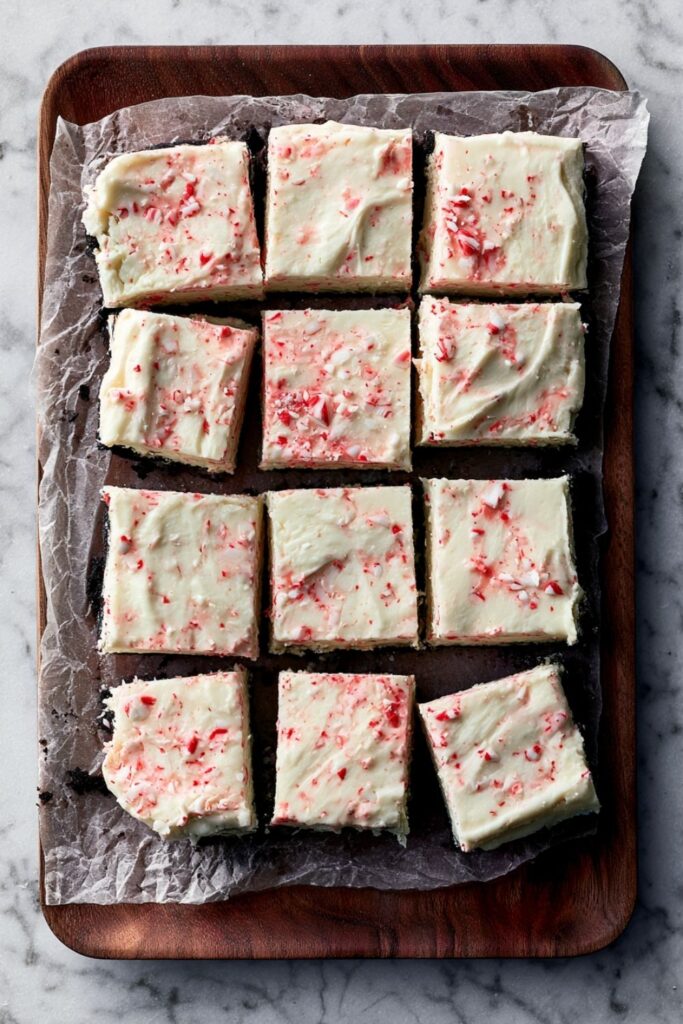 Sliced peppermint cheesecake bars with crushed candy canes on a wooden board.
