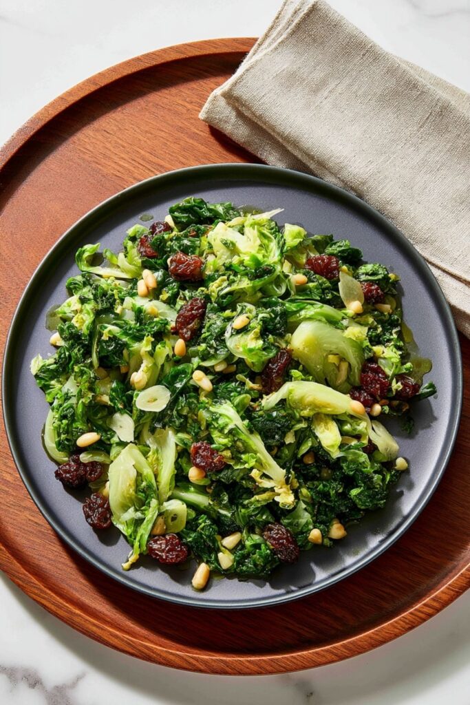 Sautéed green escarole tossed with dark raisins and pine nuts on a plate.