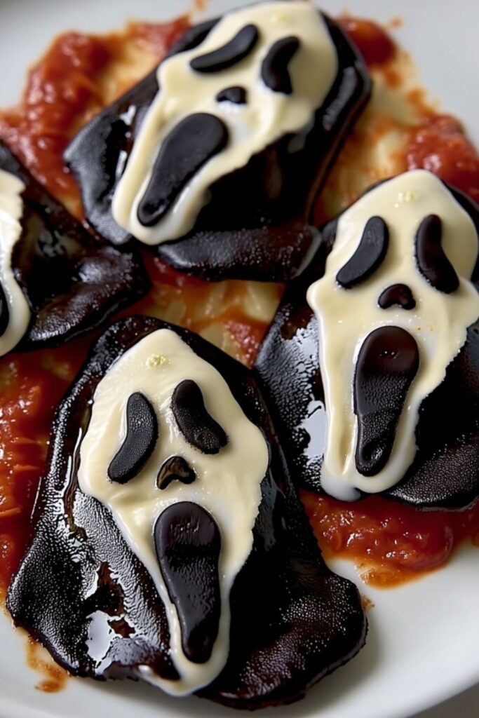Black ravioli shaped like screaming ghost faces served over warm marinara sauce.