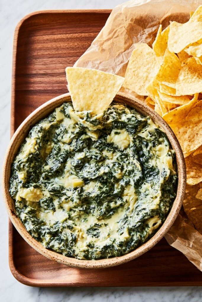 Creamy spinach and artichoke dip in a bowl with a tortilla chip.