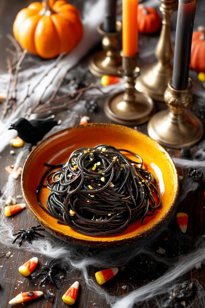 Black squid ink spaghetti tossed with olive oil, minced garlic, and red pepper flakes.