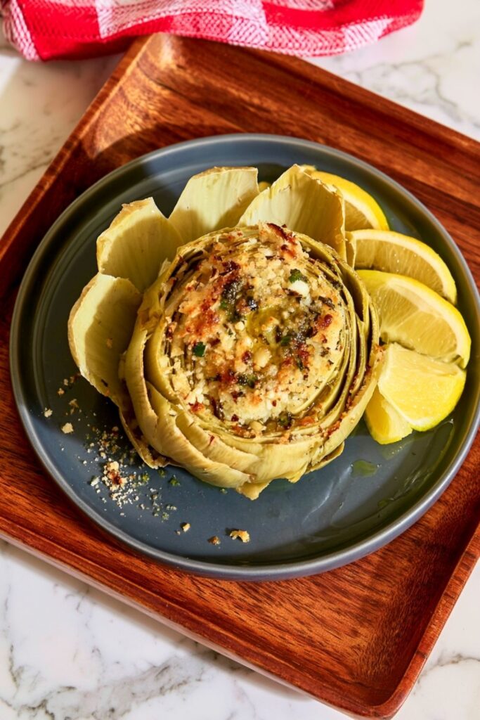 Tender stuffed artichoke with golden breadcrumbs and lemon slices on a dark plate.