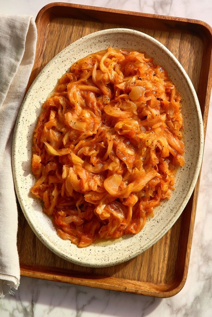 Thinly sliced braised green cabbage simmered in tomato paste and vinegar.