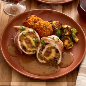 Stuffed chicken roulade with gravy, croquettes, and roasted Brussels sprouts on a terracotta plate.