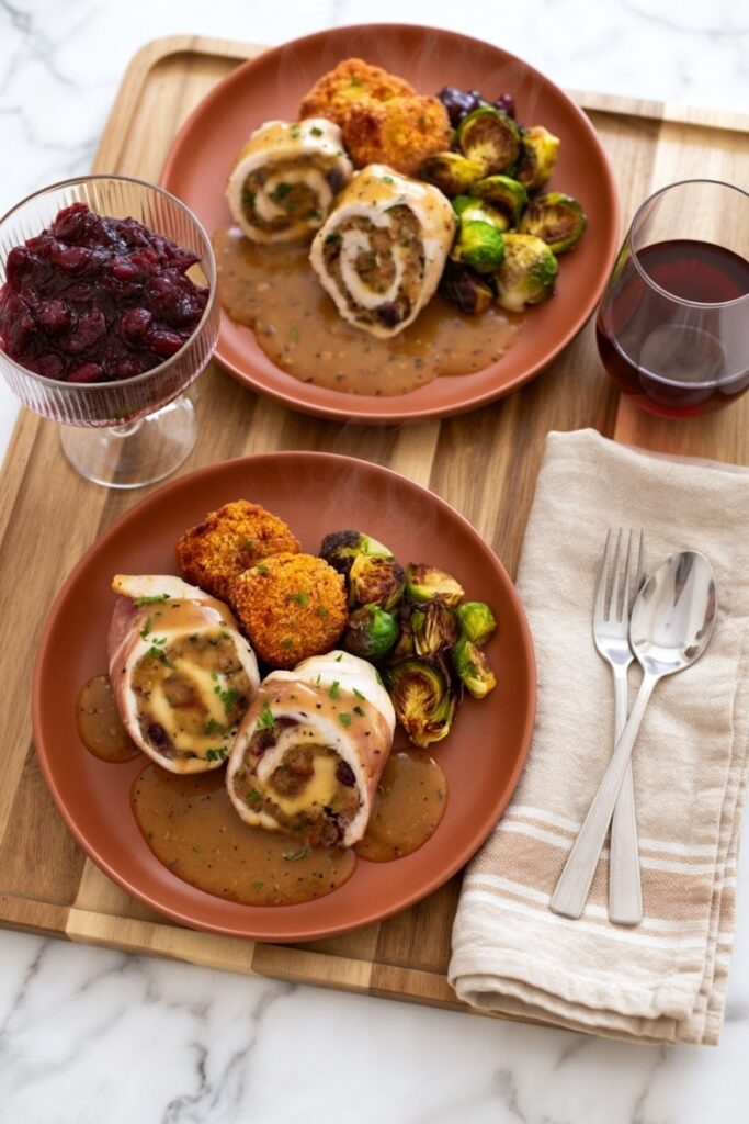Two plates with prosciutto-wrapped chicken roulade, arancini, and Brussels sprouts, with cranberry sauce and red wine.