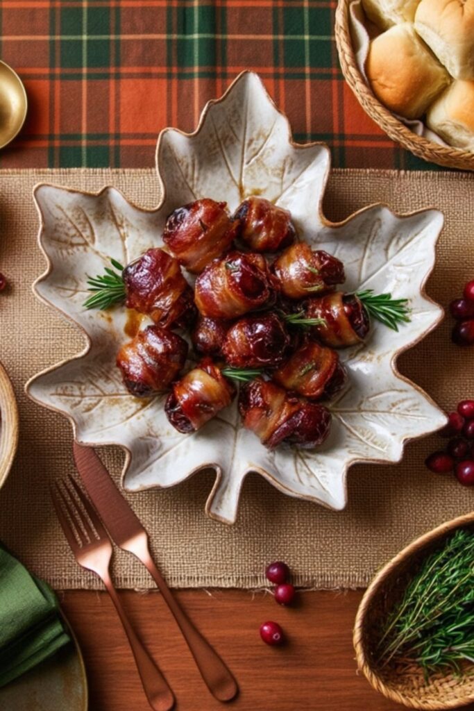 Bacon-wrapped dates stuffed with goat cheese on a decorative leaf-shaped serving plate.