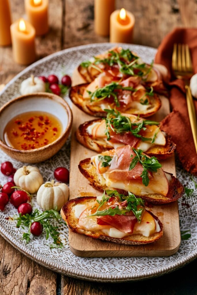 Toasted baguette slices layered with melted brie, apple, prosciutto, arugula, and hot honey.