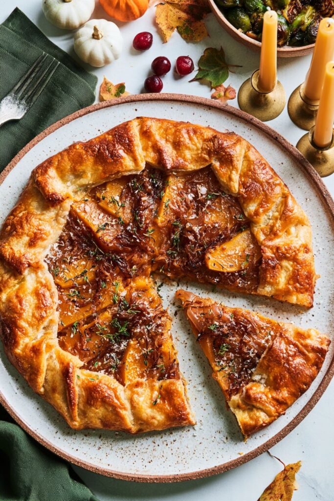 A baked butternut squash and caramelized onion galette sliced on a round plate.