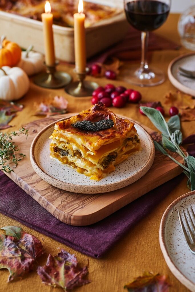A slice of butternut squash lasagna on a plate with sage garnish.