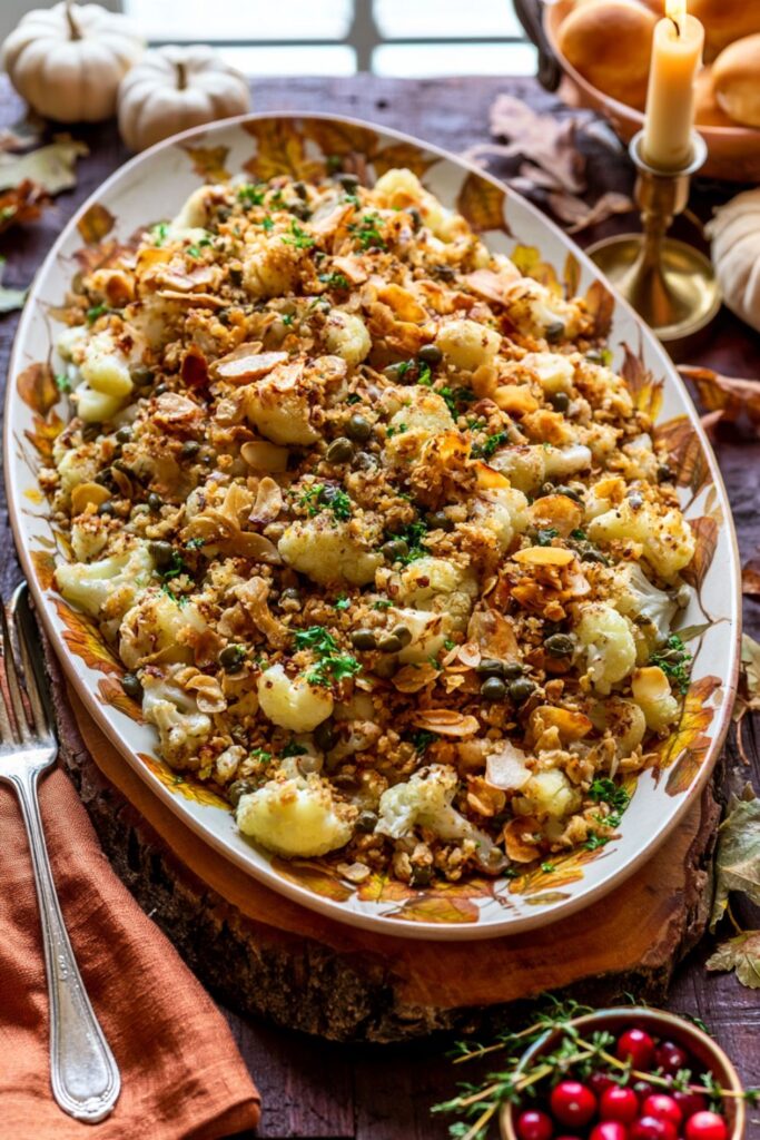Roasted cauliflower steak pieces topped with almonds, raisins, and crispy breadcrumbs.