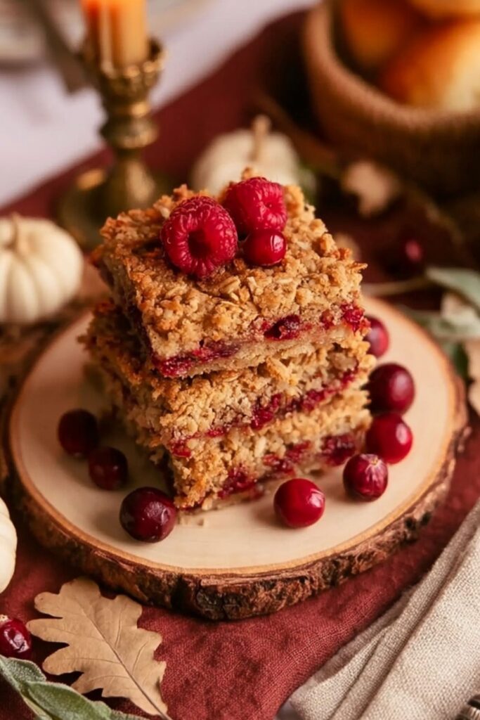 Stacked oat bars topped with fresh raspberries and surrounded by cranberries.