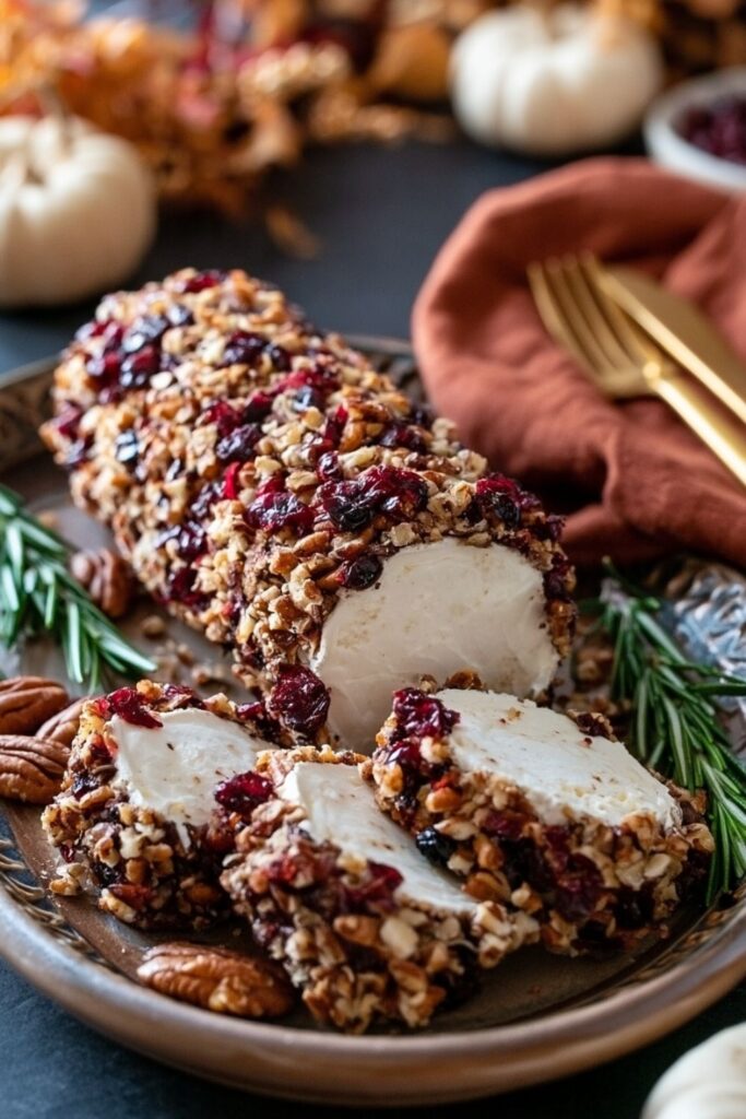 Goat cheese log rolled in chopped pecans and dried cranberries, sliced on a tray.