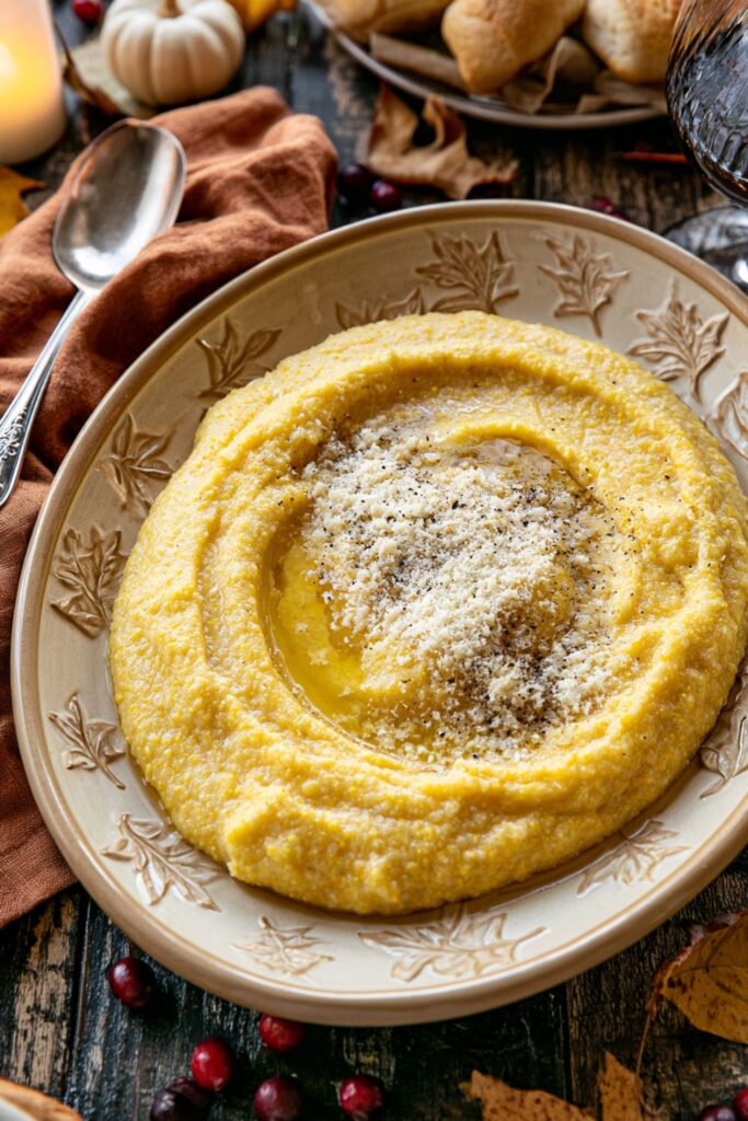 Warm creamy polenta topped with melted butter and grated Parmigiano Reggiano.