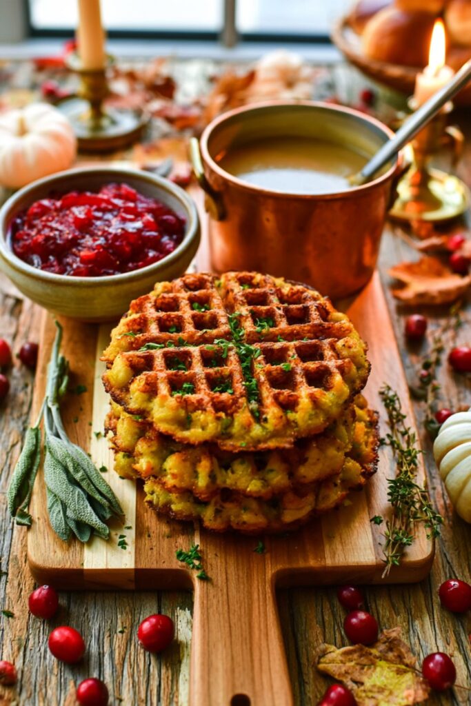 Stacked golden crispy waffles made from stuffing on a wooden board with gravy.