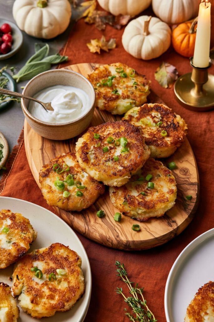 Golden pan-fried mashed potato cakes garnished with green onions and sour cream.