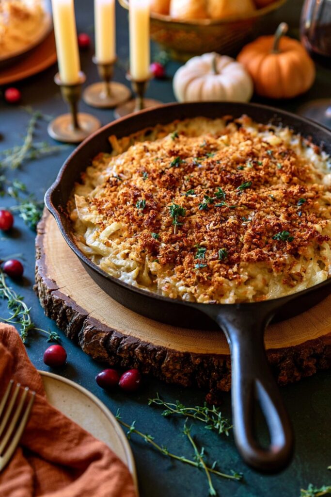 Golden baked fennel gratin topped with toasted breadcrumbs in a cast iron skillet.