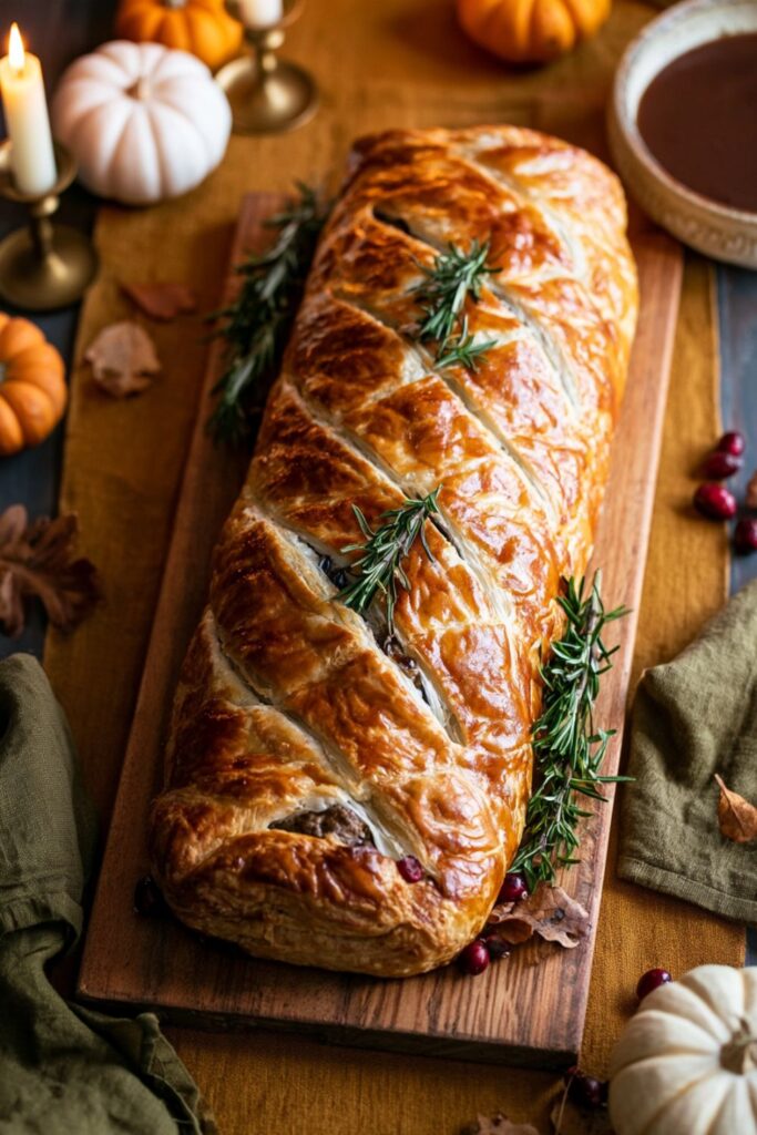 Flaky golden mushroom pastry loaf garnished with fresh rosemary on a wooden board.
