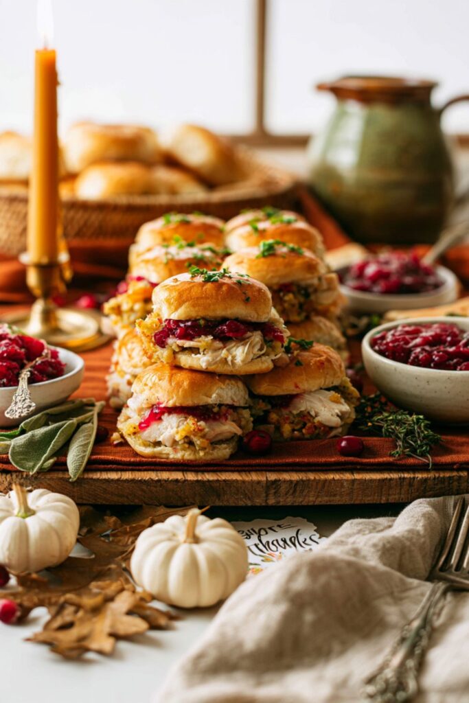 Stacked Hawaiian sweet roll sliders filled with turkey, cranberry sauce, and stuffing.