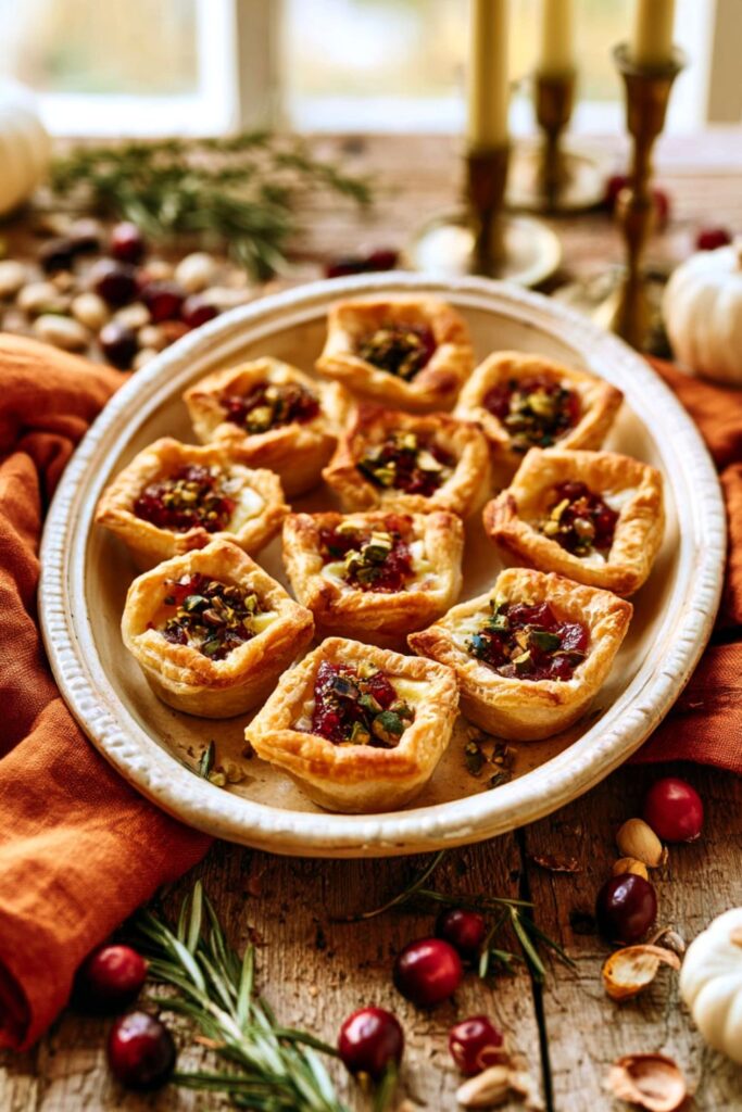 Golden puff pastry cups filled with melted brie, cranberry sauce, and chopped nuts.