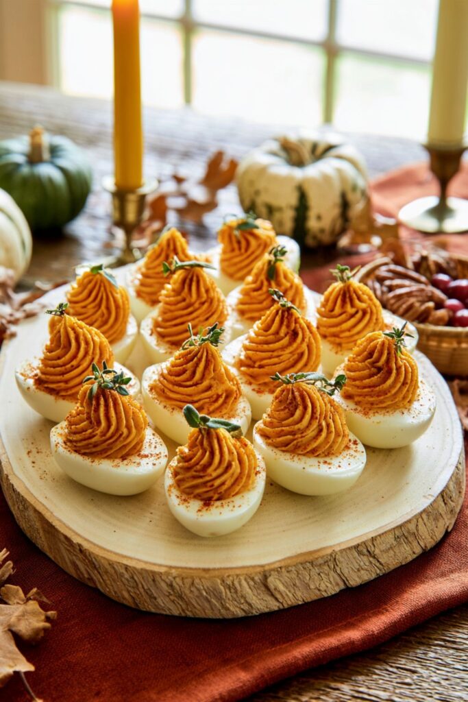Deviled eggs piped with a smooth yolk mixture and garnished with tiny fresh herbs.