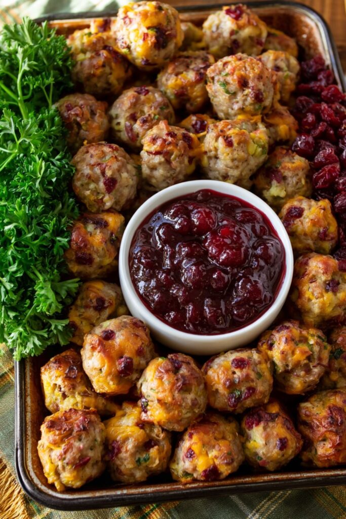 Golden sausage stuffing balls surrounding a central bowl of cranberry dipping sauce.