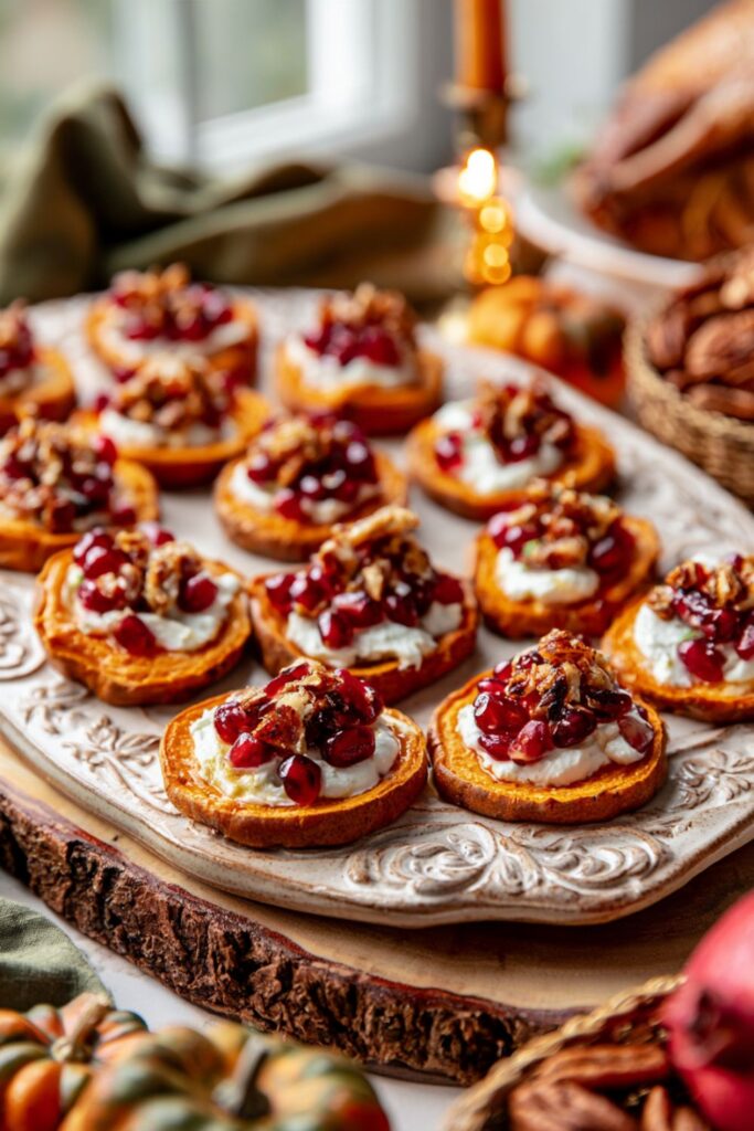 Roasted sweet potato rounds topped with whipped goat cheese, pomegranate seeds, and pecans.
