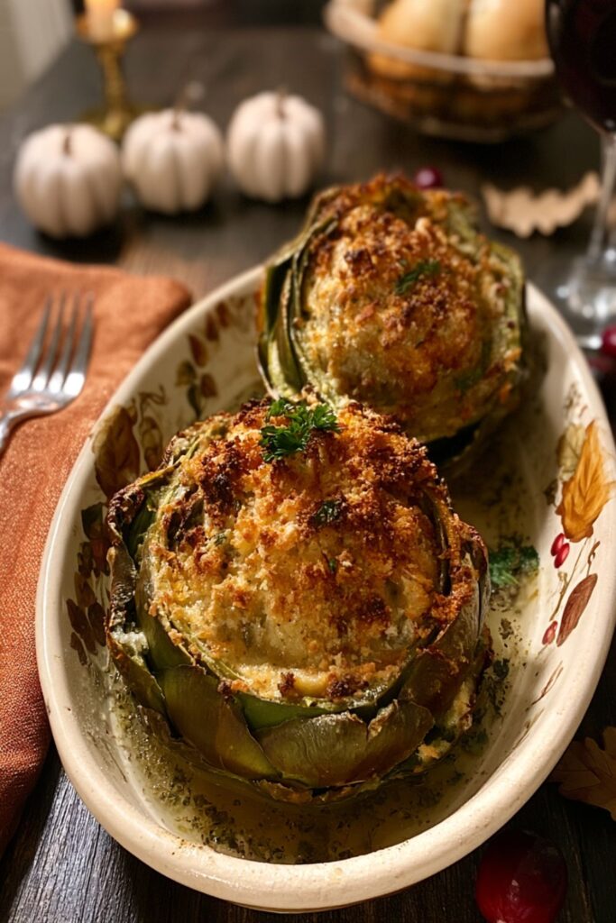 Two whole steamed artichokes packed with seasoned breadcrumbs and parmesan cheese.