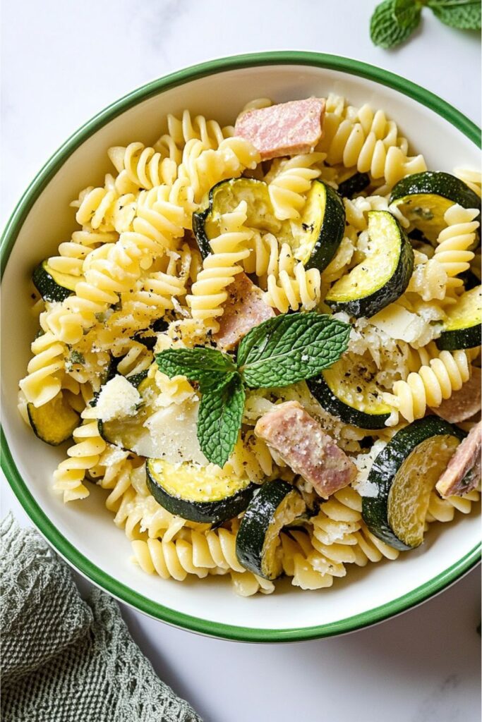 Fusilli pasta tossed with fried zucchini rounds, mortadella cubes, and shaved provolone cheese.