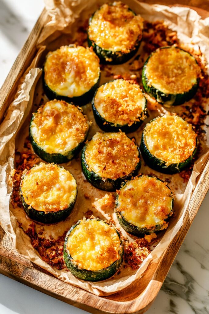 Golden baked zucchini cups stuffed with savory onion and parmesan filling on parchment paper.